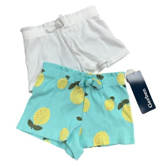 New Gerber 2-Pack Baby Girls Size 12 Months White Lemon Pull On Knit Shorts - Picture 1 of 5
